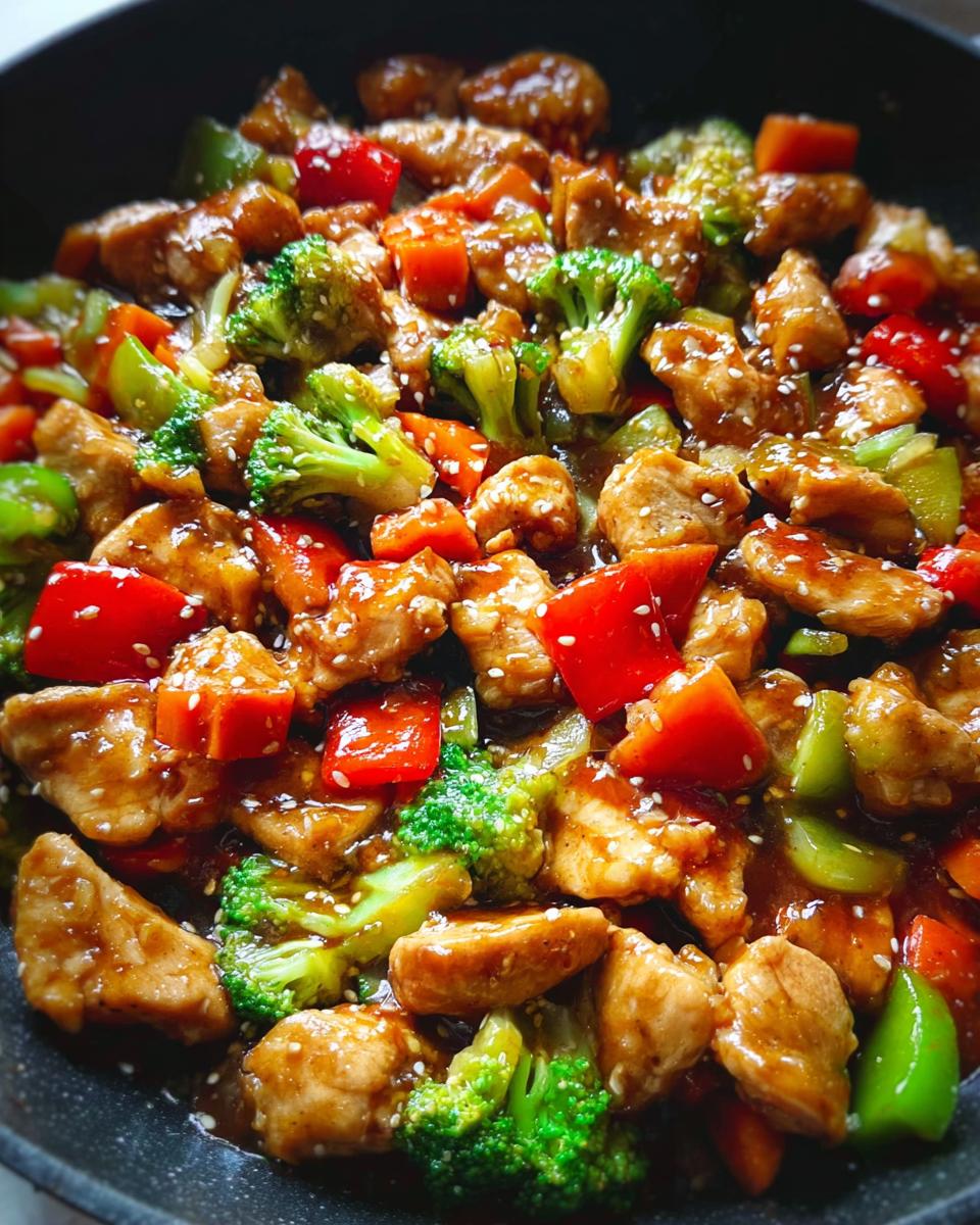 Close-up of a pan filled with Low-Carb Chicken Stir Fry, featuring tender chicken pieces, vibrant broccoli florets, red and green bell peppers, and a glossy sauce, sprinkled with sesame seeds.