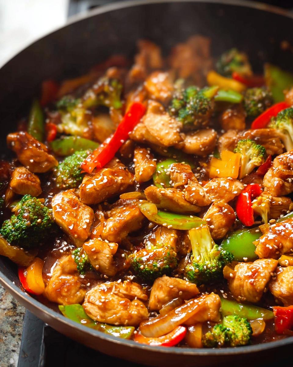 A close-up of a healthy Low-Carb Chicken Stir Fry with broccoli, bell peppers, and sesame seeds in a pan.