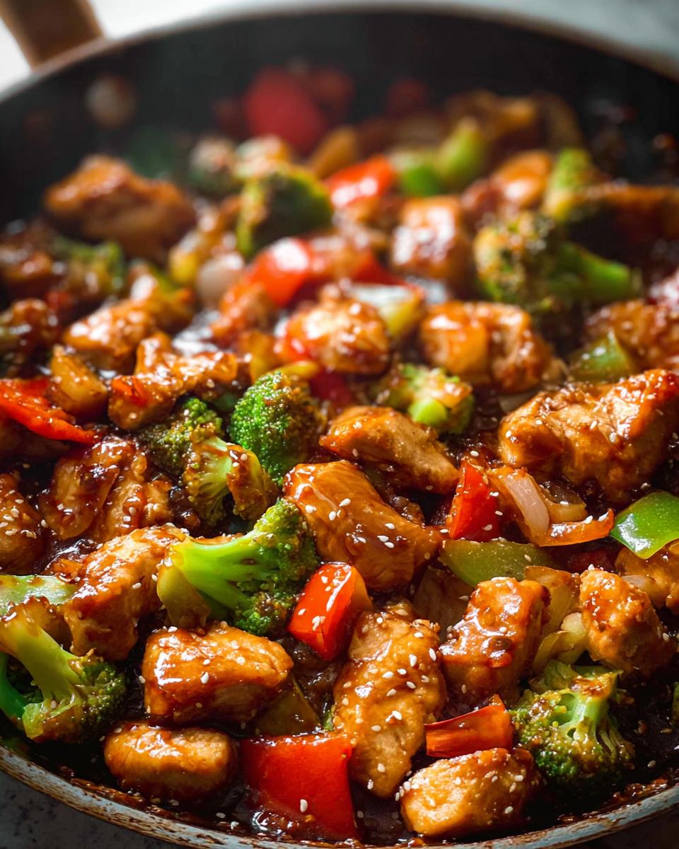 Close-up of a pan filled with glistening Low-Carb Chicken Stir Fry, featuring tender chicken pieces, broccoli florets, and red bell peppers.
