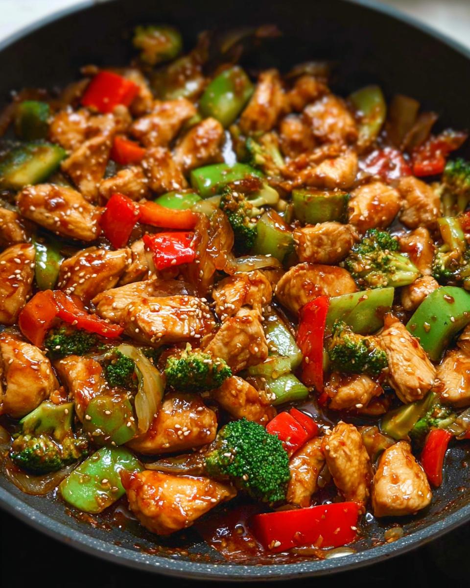 Close-up of a Low-Carb Chicken Stir Fry with broccoli, bell peppers, and sesame seeds in a pan.