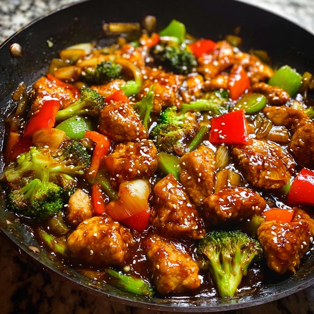 A close-up of a delicious Low-Carb Chicken Stir Fry in a black skillet, featuring tender chicken pieces, broccoli florets, red and green bell peppers, and onions in a glossy sauce, sprinkled with sesame seeds.