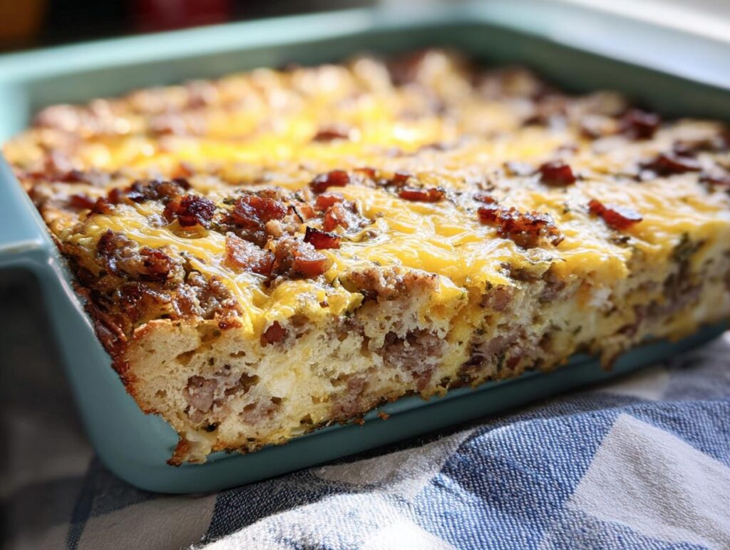 A close-up view of a freshly baked Make-Ahead Breakfast Strata with Bread & Cheese topped with melted cheddar and bacon bits.