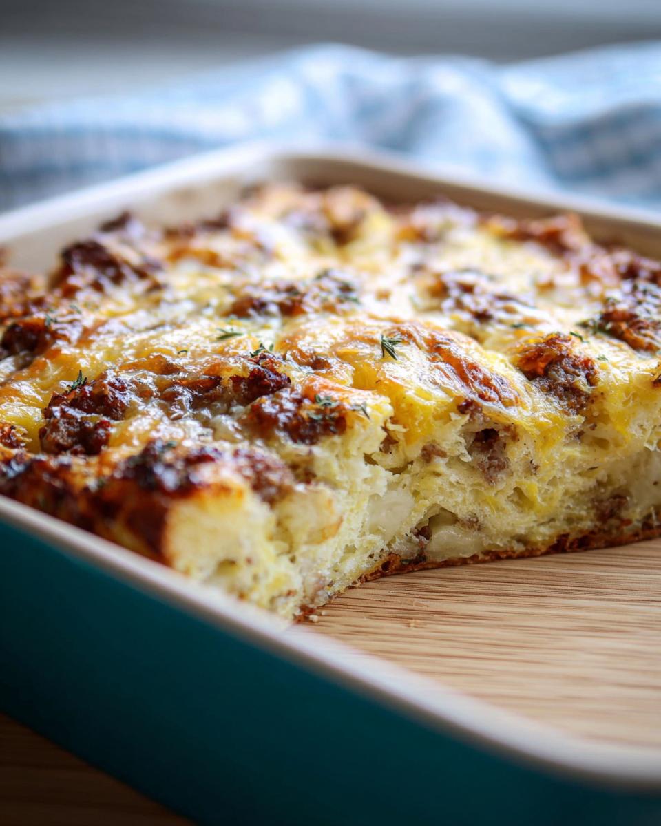 Close-up of a baked Make-Ahead Breakfast Strata with Bread & Cheese, showing a cheesy, sausage-topped slice in a baking dish.