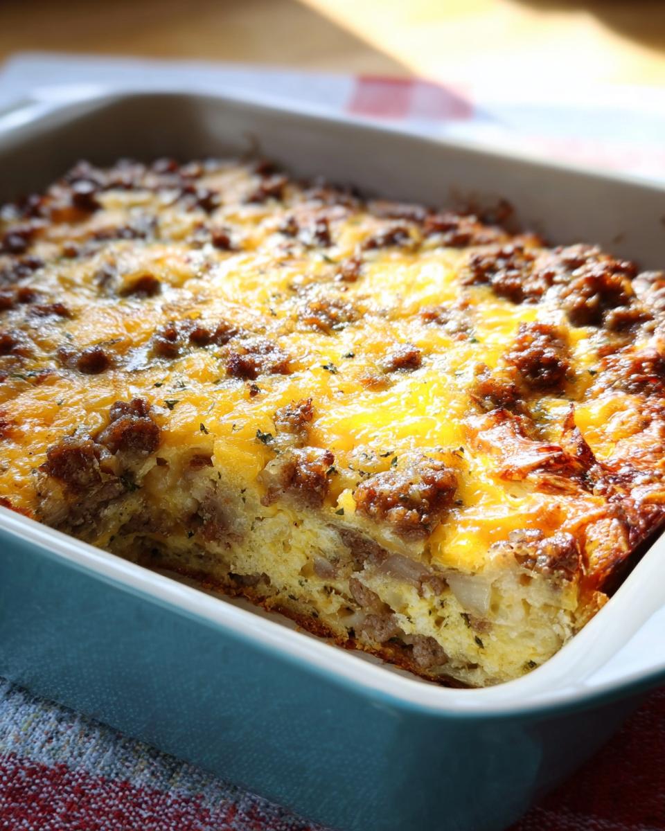 Close-up of a baked Make-Ahead Breakfast Strata with bread, eggs, sausage crumbles, and melted cheddar cheese.
