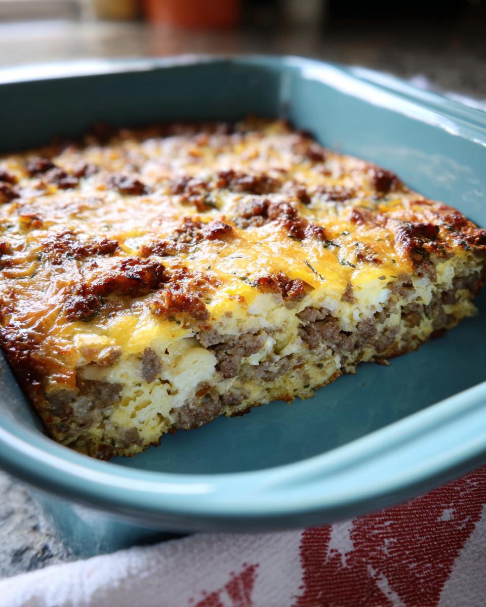 A close-up of a baked Make-Ahead Breakfast Strata with bread and cheese, featuring layers of sausage and egg in a blue baking dish.