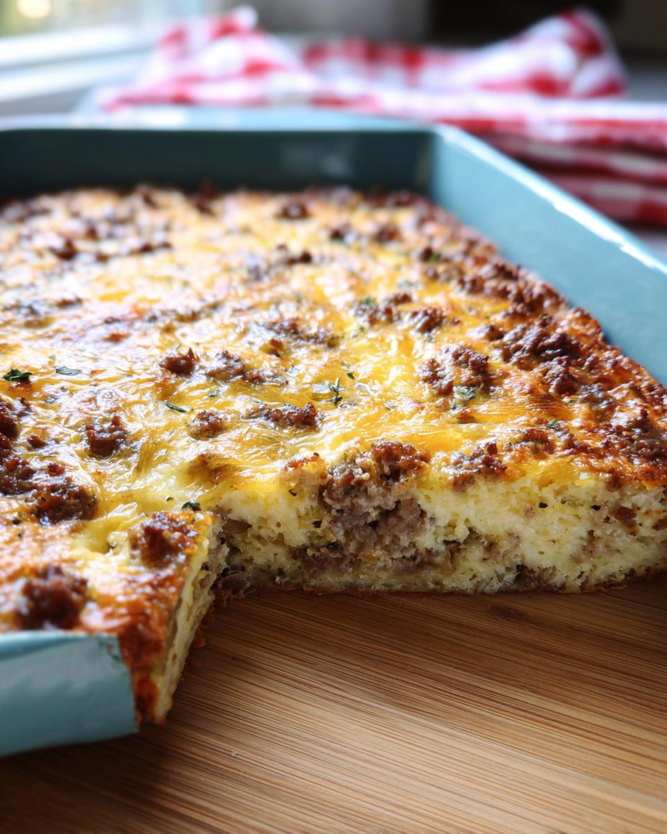 A square slice removed from a baked Make-Ahead Breakfast Strata with Bread & Cheese, showing sausage and melted cheese.