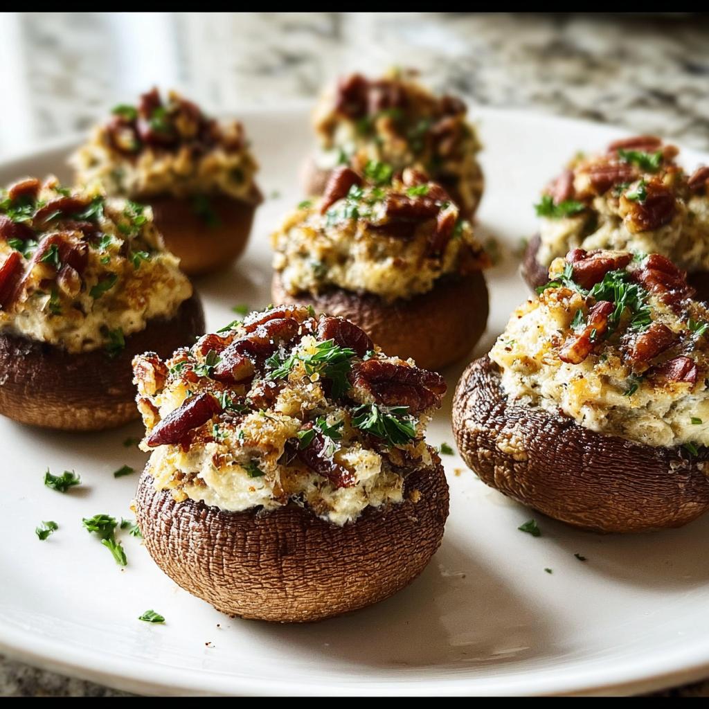 Close-up of several baked Stuffed Mushrooms (Make Ahead) piled high with creamy filling and topped with bacon bits and parsley.