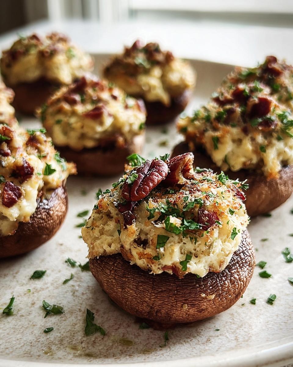 A close-up of several baked Stuffed Mushrooms (Make Ahead) topped with creamy filling, bacon bits, parsley, and a pecan.