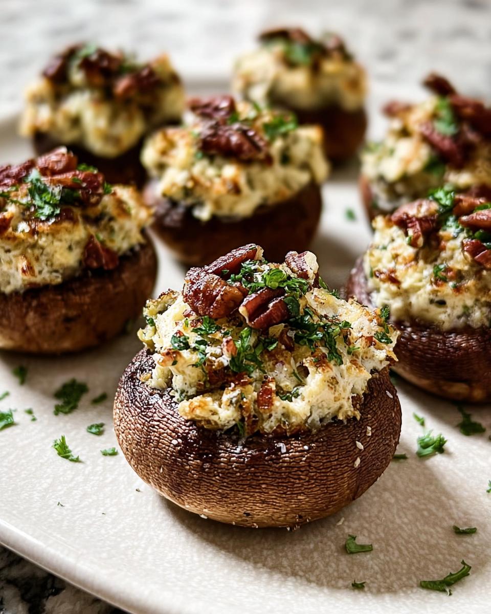 Close-up of creamy Stuffed Mushrooms (Make Ahead) topped with pecans and fresh parsley.