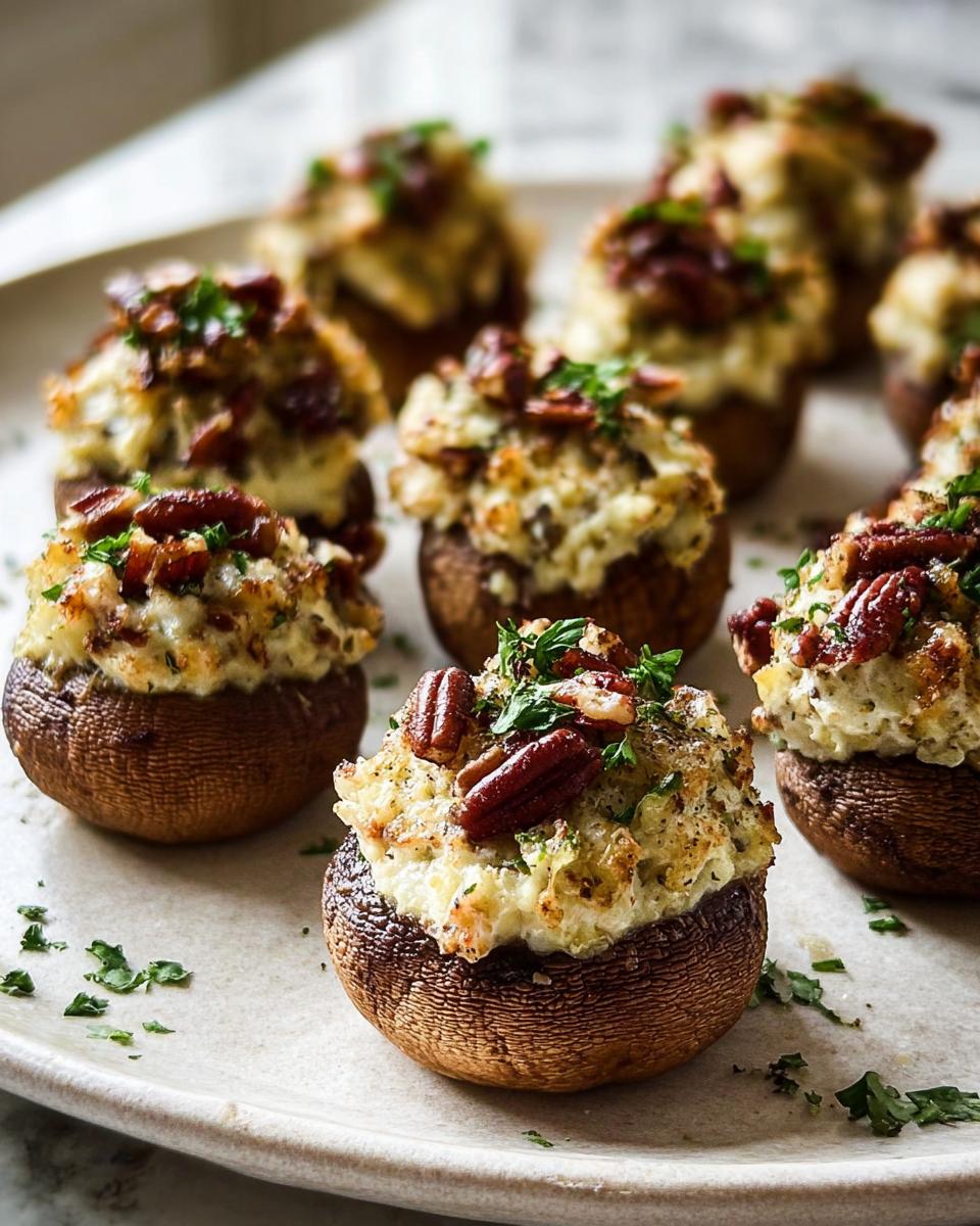 Close-up of several baked Stuffed Mushrooms (Make Ahead) topped with creamy filling, pecans, and fresh parsley.