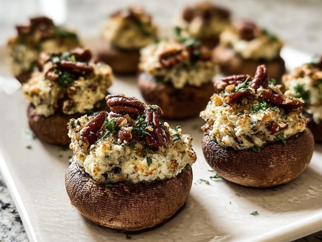 Close-up of freshly baked Stuffed Mushrooms (Make Ahead) topped with creamy filling and toasted pecans.
