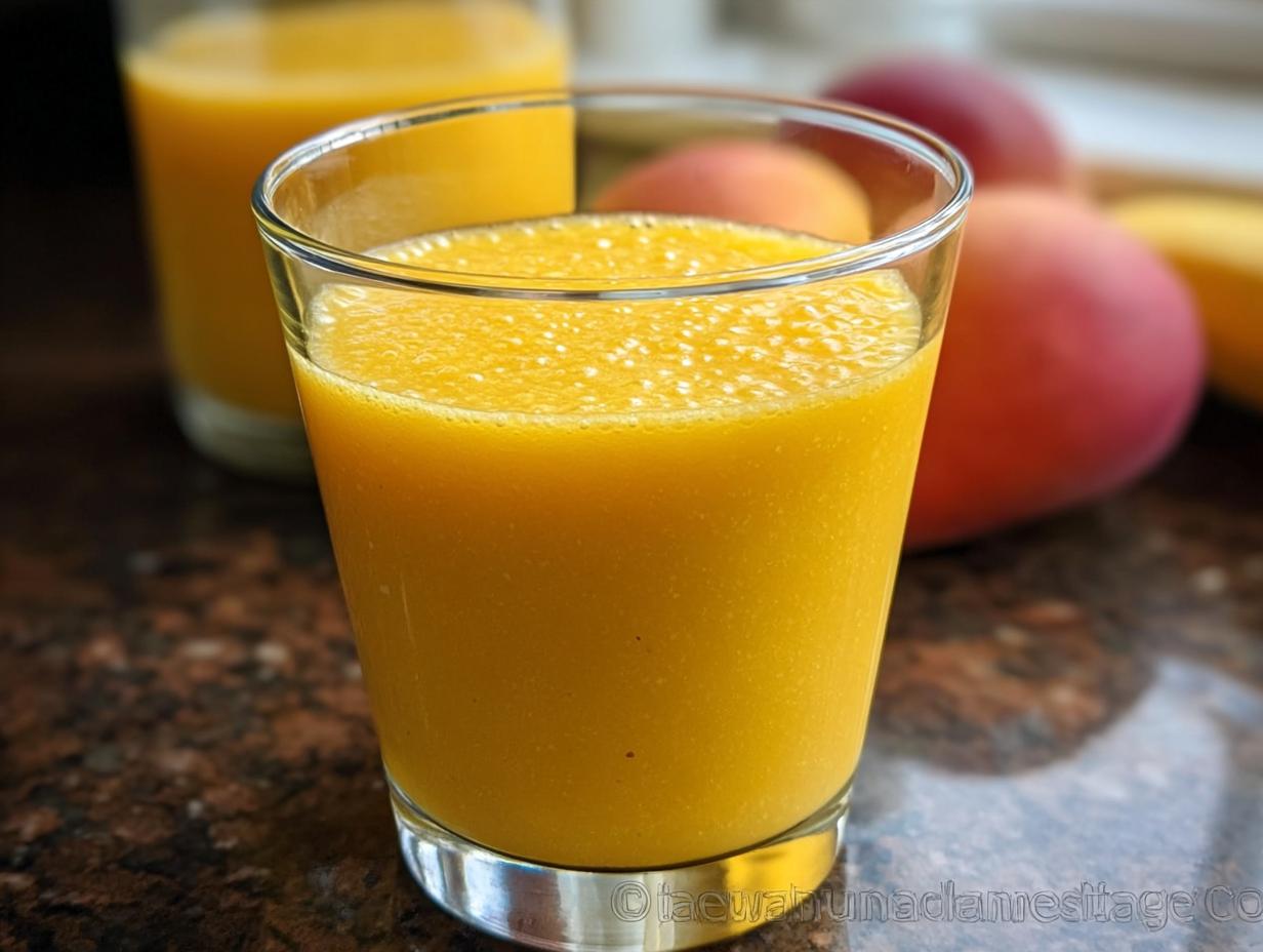 Close-up of a vibrant, thick Mango Pineapple Smoothie served in a clear glass, with whole mangoes blurred in the background.