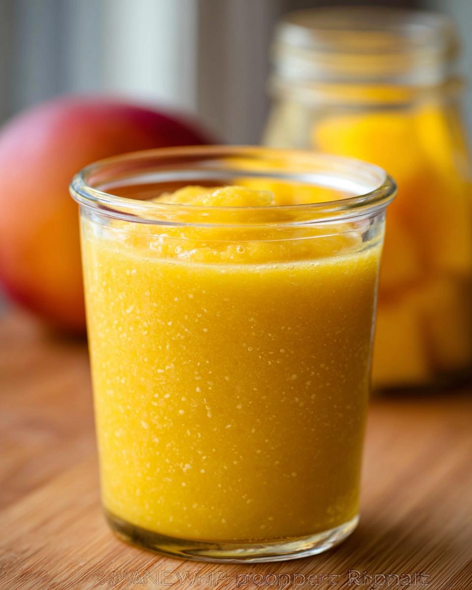 Close-up of a thick, bright yellow Mango Pineapple Smoothie served in a small glass jar.