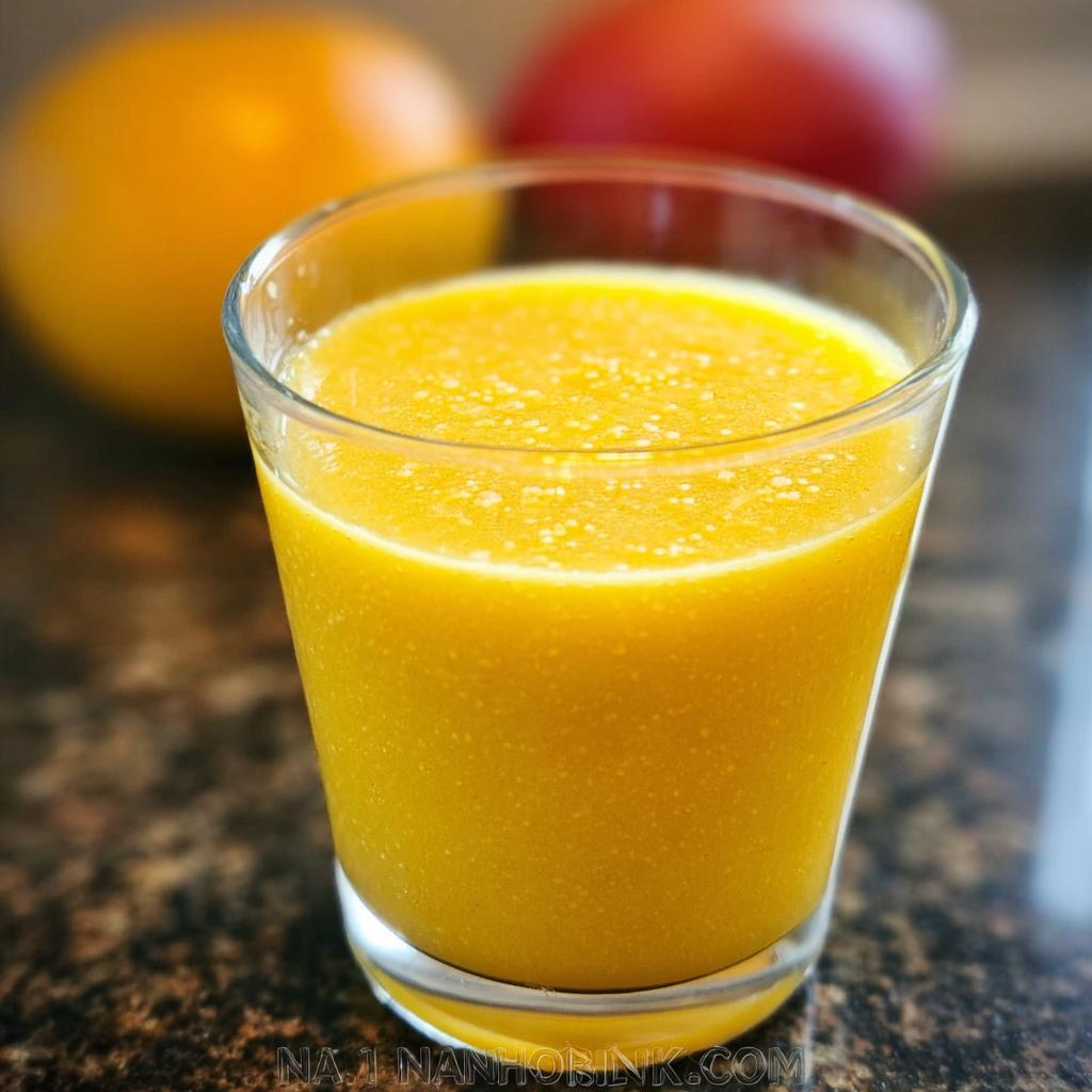 Close-up of a vibrant, thick Mango Pineapple Smoothie in a clear glass, with blurred fruit in the background.