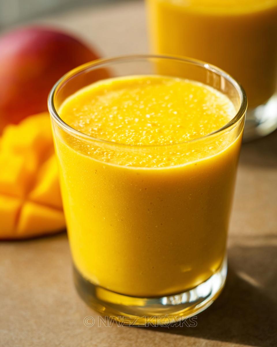 Close-up of a vibrant, thick Mango Pineapple Smoothie in a clear glass, with fresh mango visible in the background.
