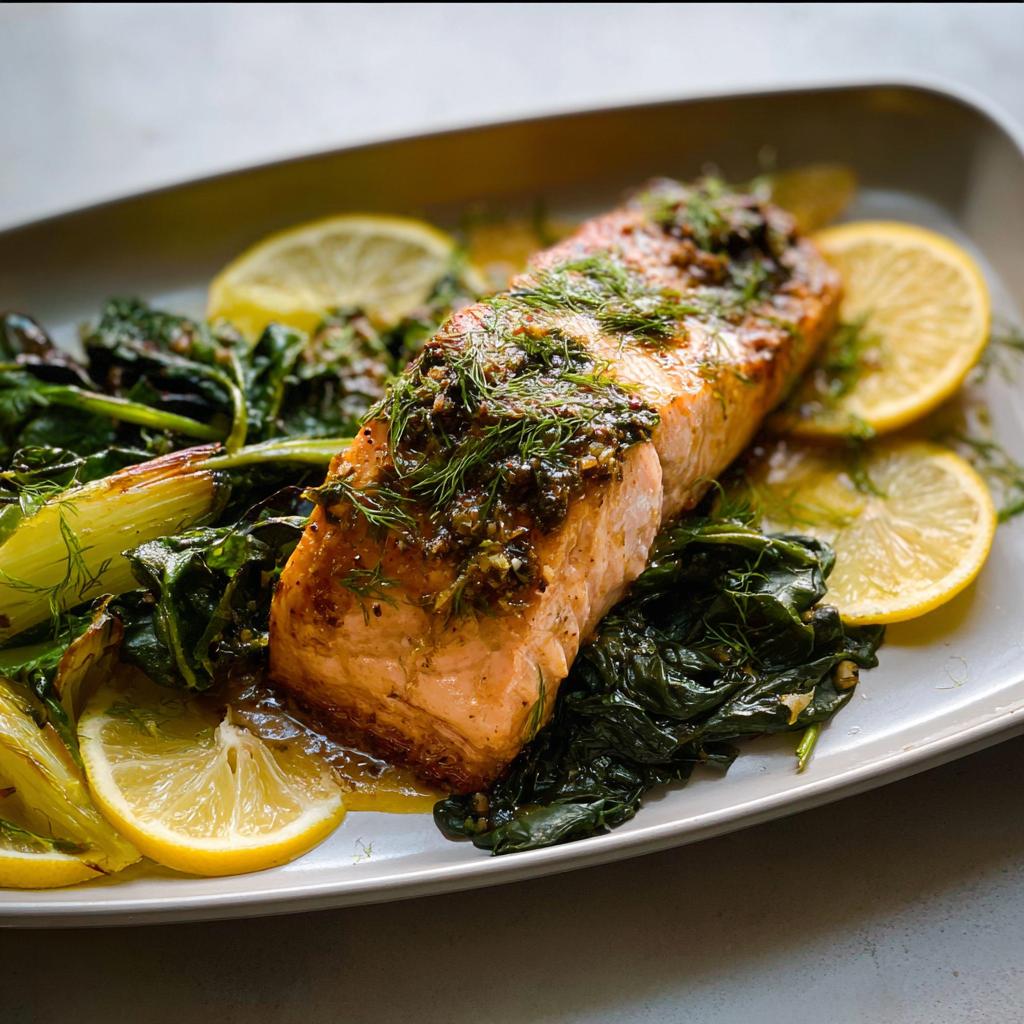 A perfectly cooked Maple Dijon Salmon Sheet Pan fillet topped with herbs, resting on wilted greens and lemon slices.