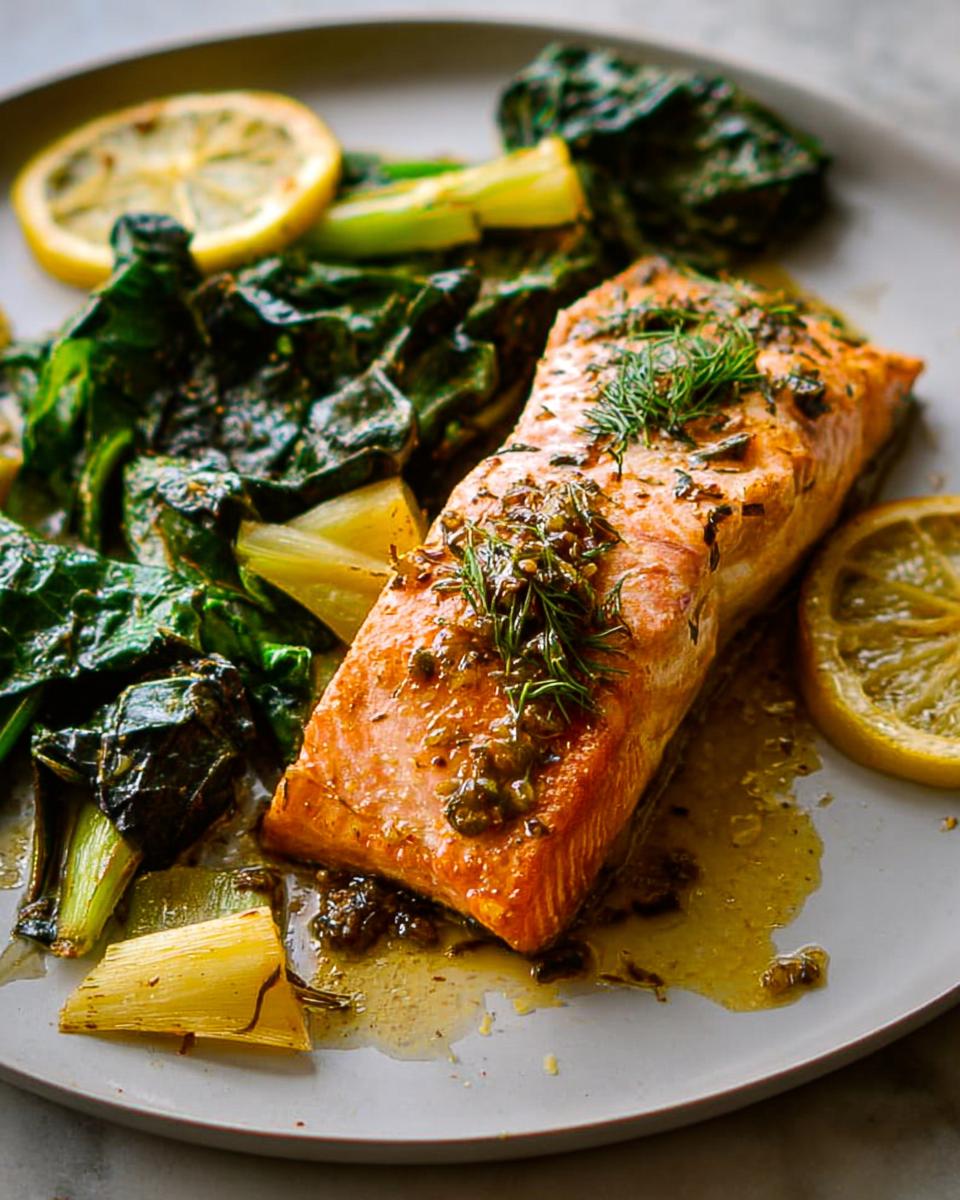 A perfectly cooked fillet of Maple Dijon Salmon Sheet Pan served with wilted greens and lemon slices.