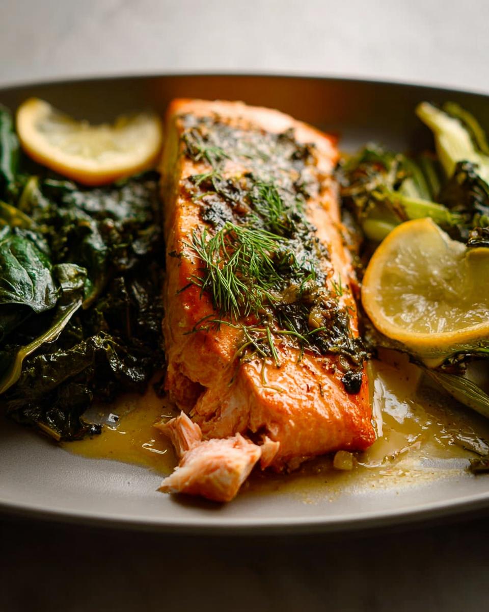 Close-up of a perfectly cooked Maple Dijon Salmon Sheet Pan fillet topped with herbs, served with wilted greens and lemon slices.