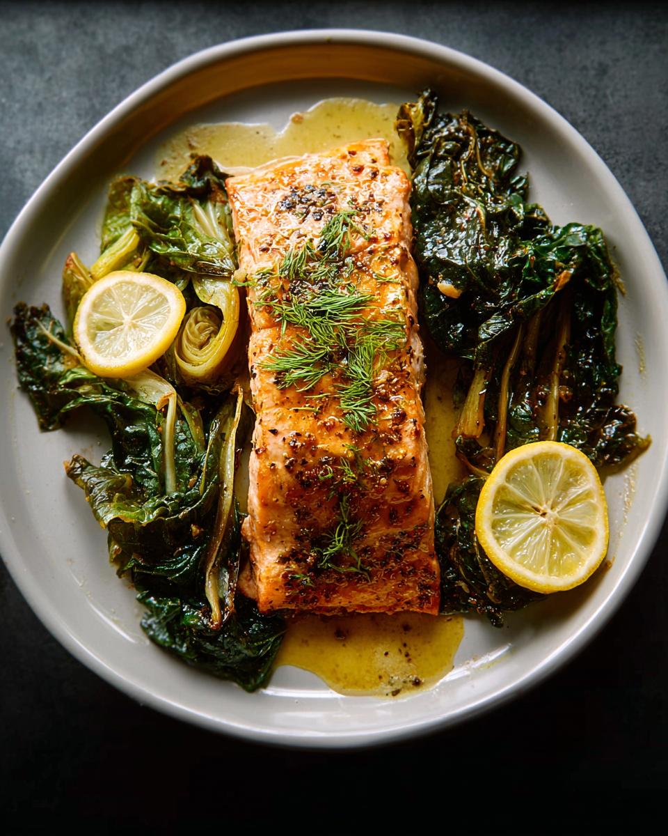 A perfectly cooked fillet of Maple Dijon Salmon Sheet Pan served with roasted greens and lemon slices.