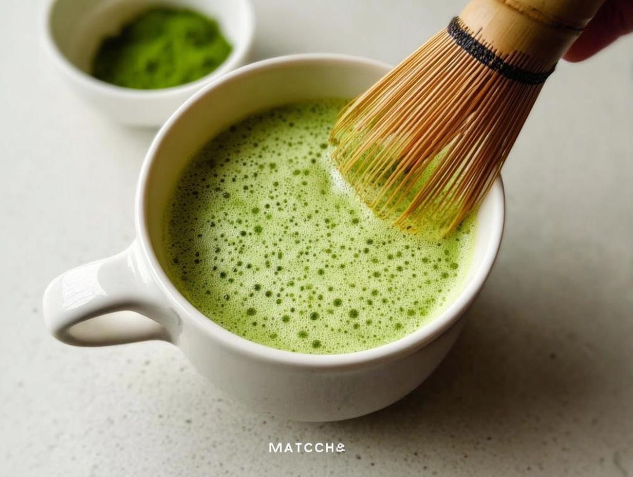 Close-up of a bamboo whisk frothing a vibrant green Matcha Green Tea Latte in a white mug.