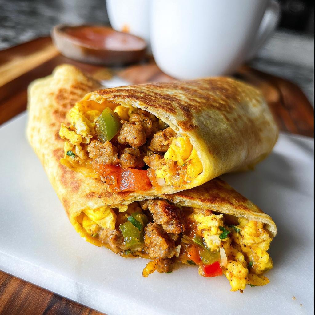 Close-up of a sliced meal prep breakfast burrito filled with scrambled eggs, sausage, peppers, and tomatoes.