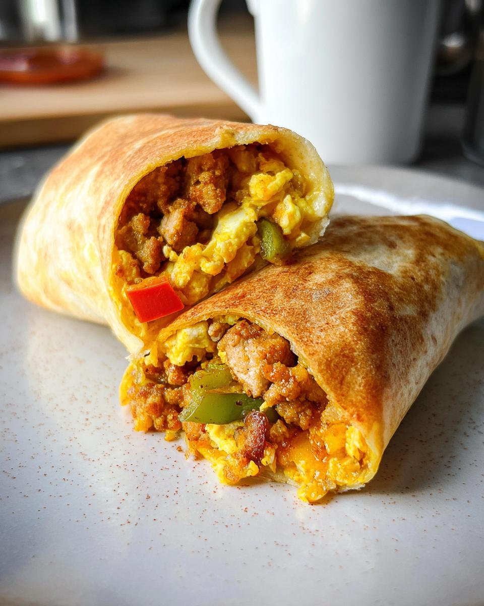 Close-up of a halved meal prep breakfast burrito filled with scrambled eggs, sausage, and peppers.