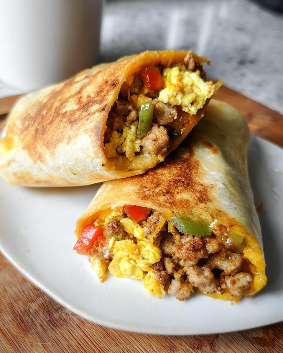 Two halves of a delicious meal prep breakfast burrito filled with scrambled eggs, sausage, bell peppers, and cheese.
