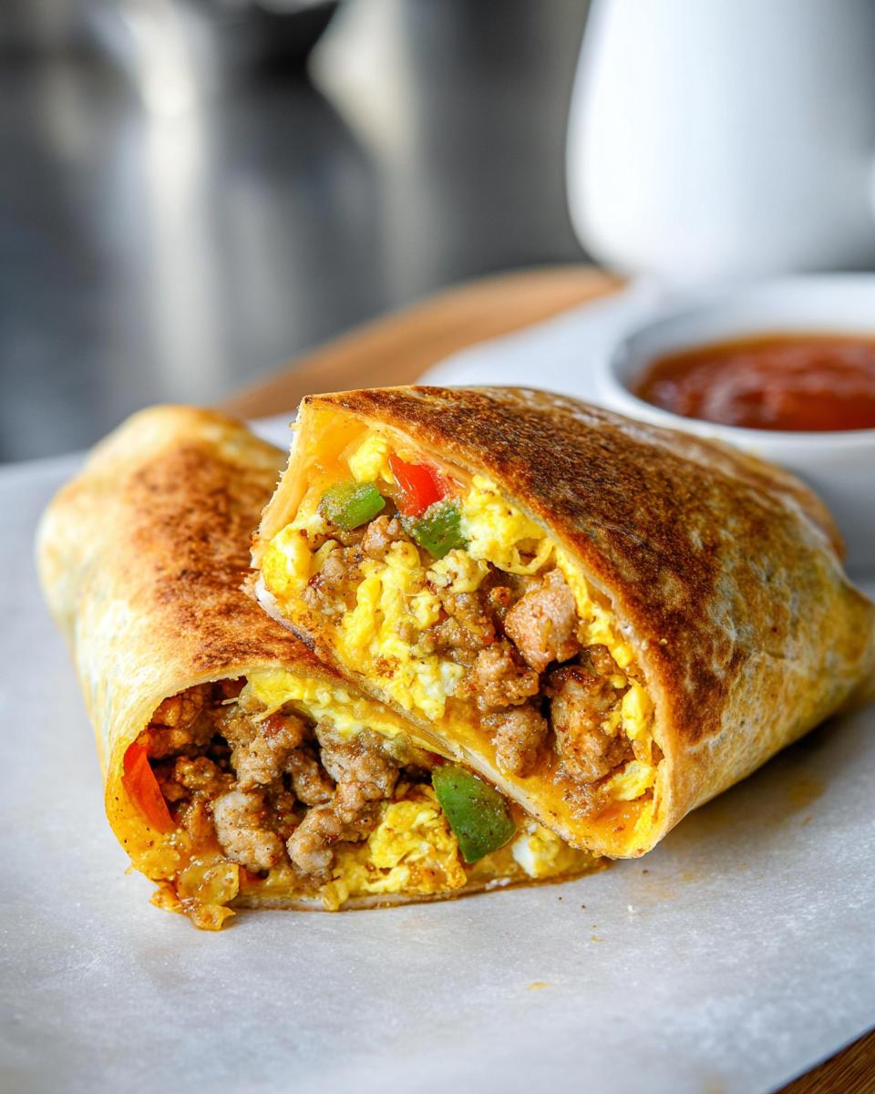 A close-up of a sliced Meal Prep Breakfast Burrito filled with scrambled eggs, sausage, and bell peppers.