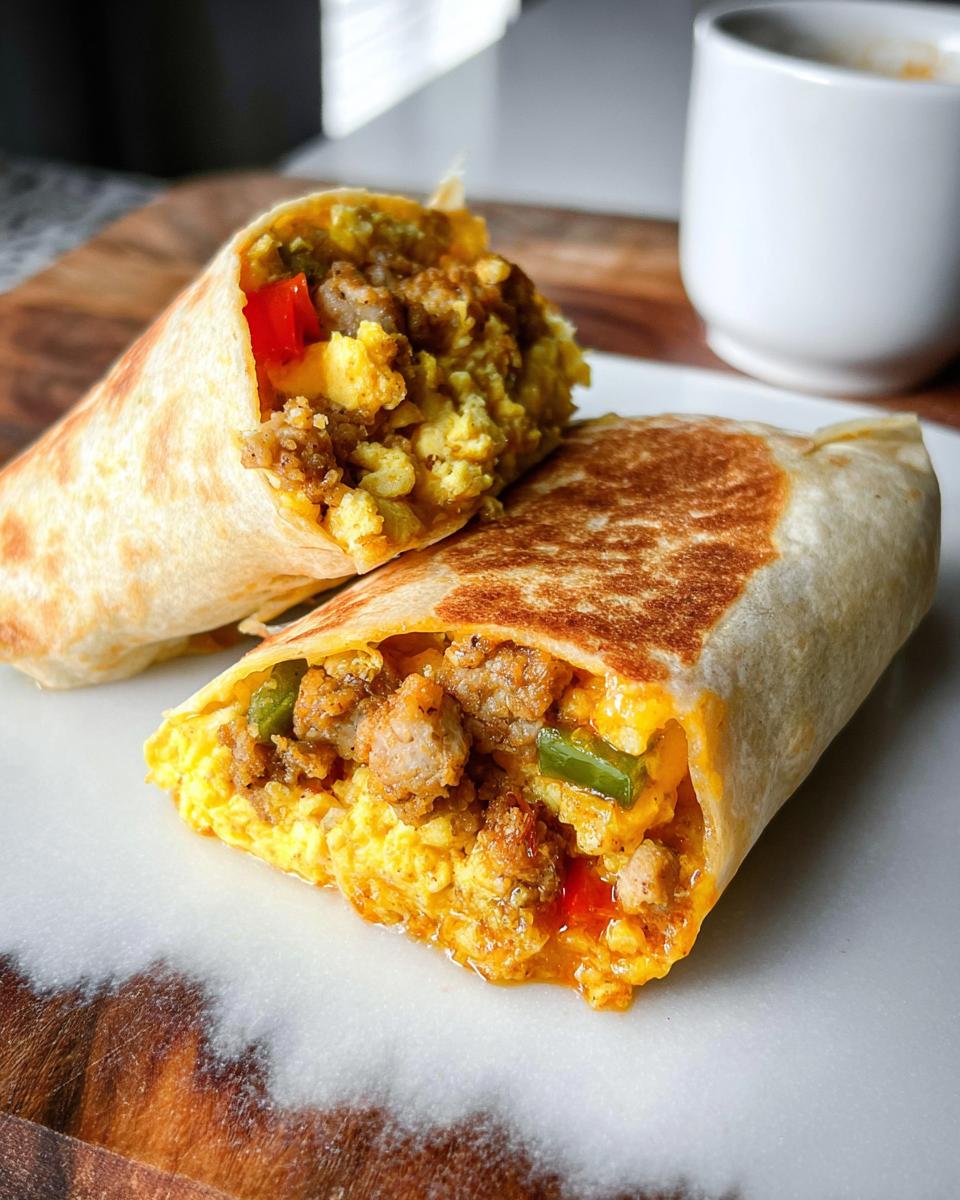Close-up of a sliced Meal Prep Breakfast Burrito filled with scrambled eggs, sausage, cheese, and diced vegetables.