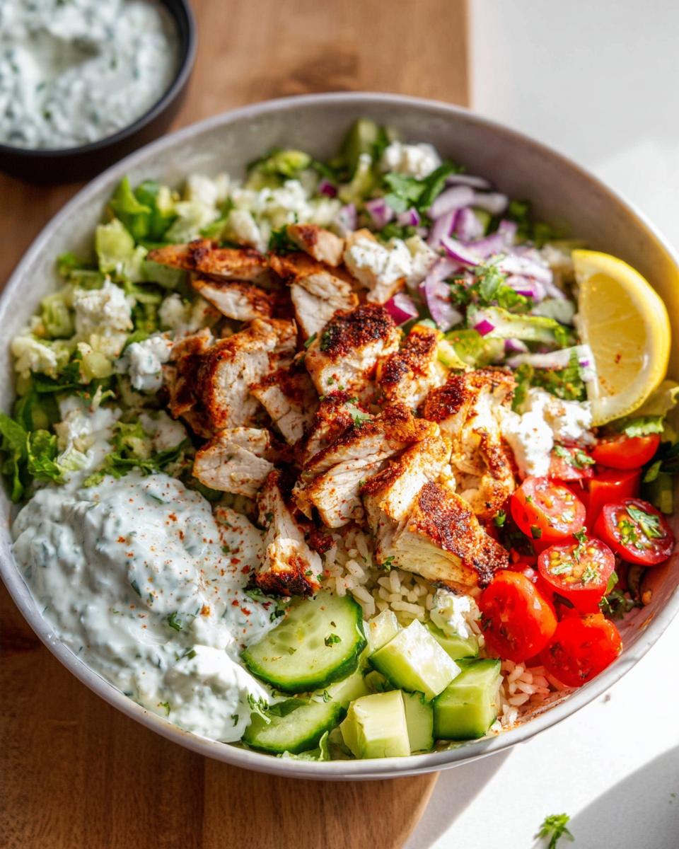 Close-up of a bowl filled with rice, seasoned sliced chicken, cucumbers, tomatoes, and tzatziki sauce for Mediterranean Chicken Bowls.