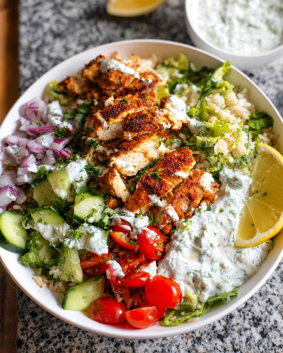 Close-up of a white bowl filled with Mediterranean Chicken Bowls ingredients, featuring seasoned sliced chicken, rice, cucumbers, tomatoes, and tzatziki sauce.