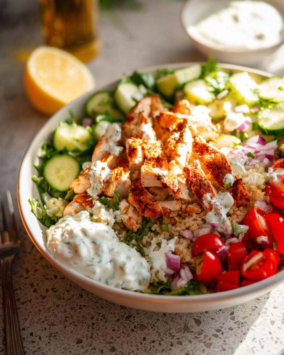 Close-up of a vibrant Mediterranean Chicken Bowls featuring sliced seasoned chicken, brown rice, cucumbers, tomatoes, and tzatziki sauce.