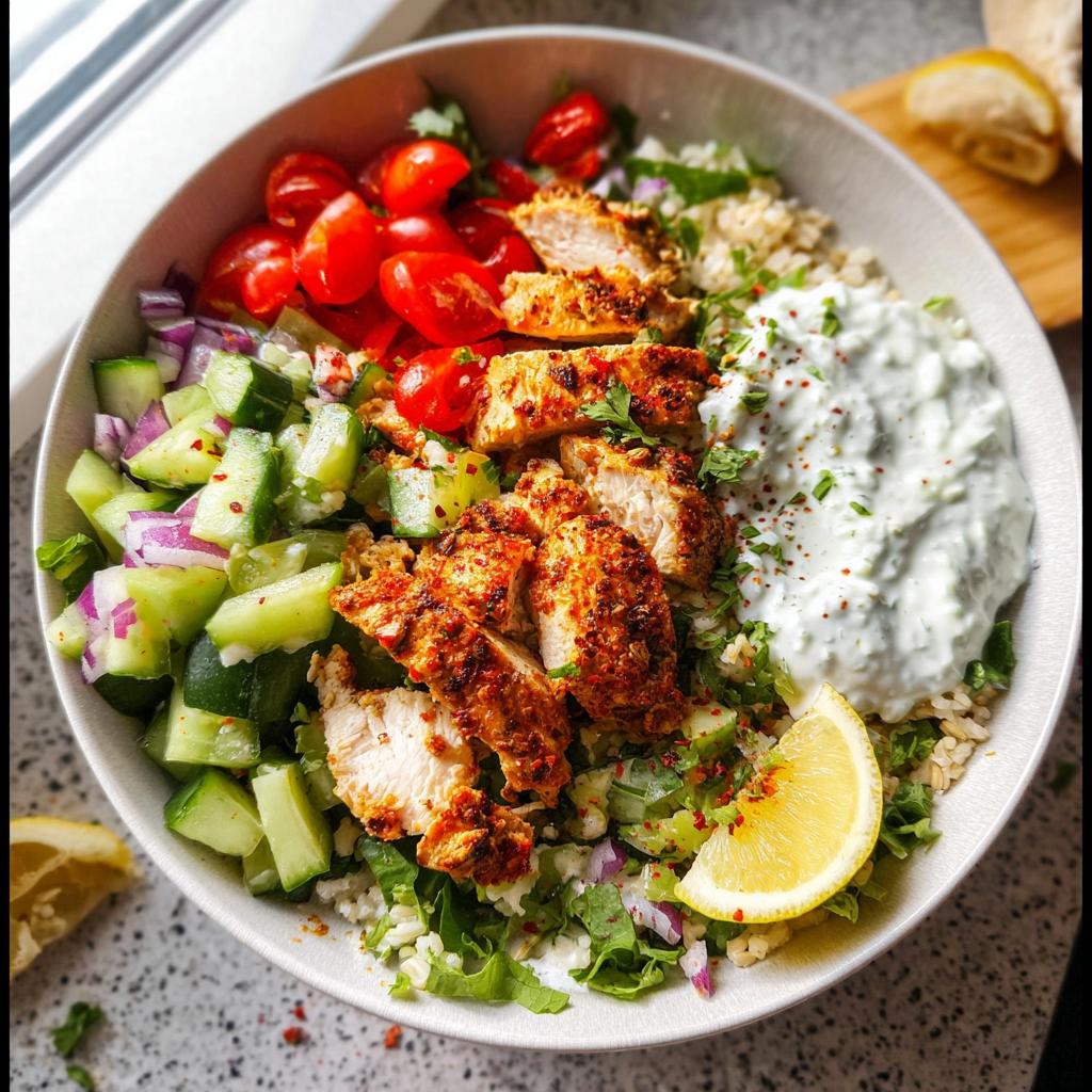 A vibrant bowl featuring seasoned chicken pieces, cucumber salad, tomatoes, and tzatziki sauce, perfect for Mediterranean Chicken Bowls.