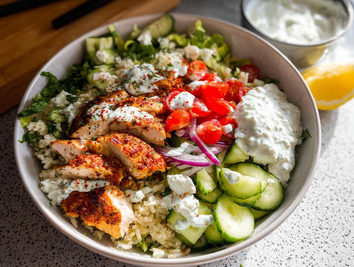 A vibrant bowl featuring sliced seasoned chicken over rice, topped with tzatziki, cucumbers, tomatoes, and feta for Mediterranean Chicken Bowls.