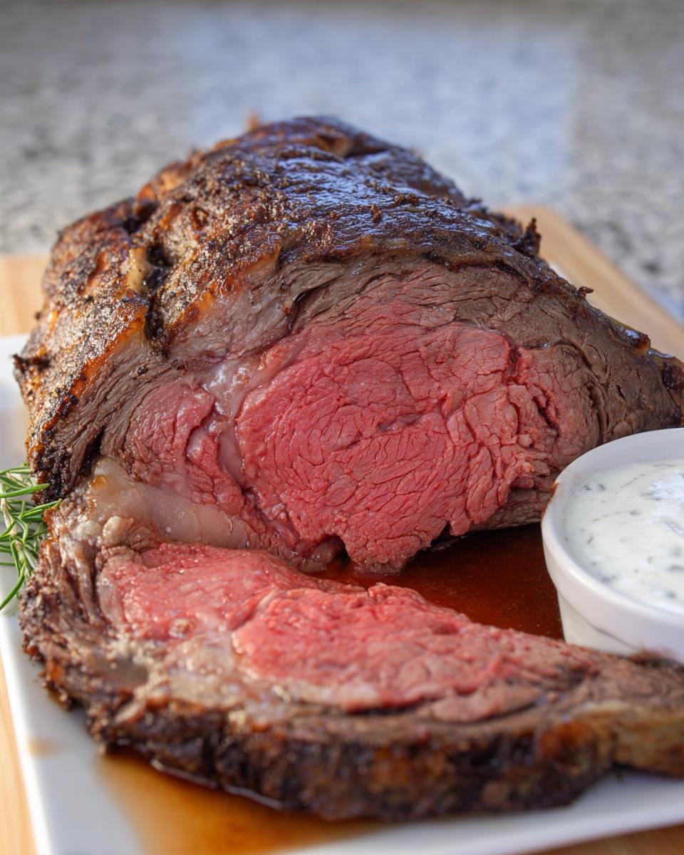 A perfectly cooked roast beef, showing a deep red, medium-rare center, ready for Prime Rib Time & Temp.