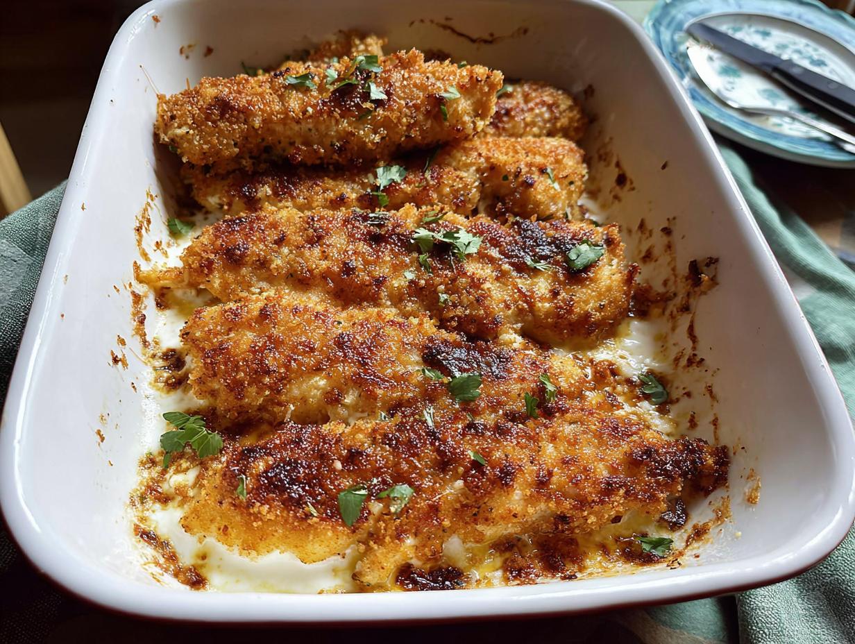 Close-up of baked, breaded Melt In Your Mouth Chicken resting in a creamy sauce in a white baking dish.