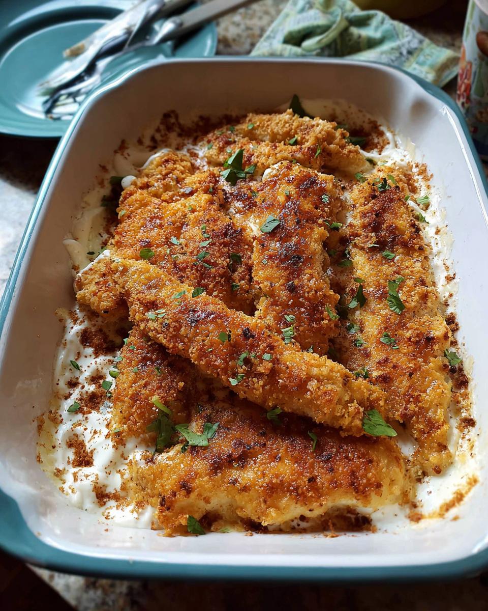 Golden brown, crispy Melt In Your Mouth Chicken tenders resting in a creamy white sauce in a baking dish.