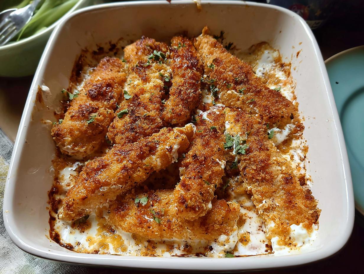 Golden brown, breaded strips of Melt In Your Mouth Chicken resting in a creamy white sauce in a baking dish.