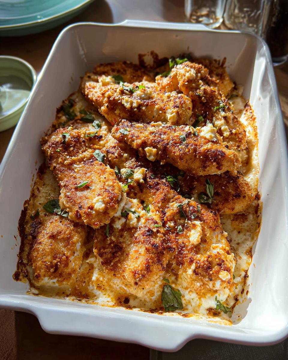Baked, breaded chicken tenders covered in a creamy sauce and feta cheese, ready to serve for Melt In Your Mouth Chicken.