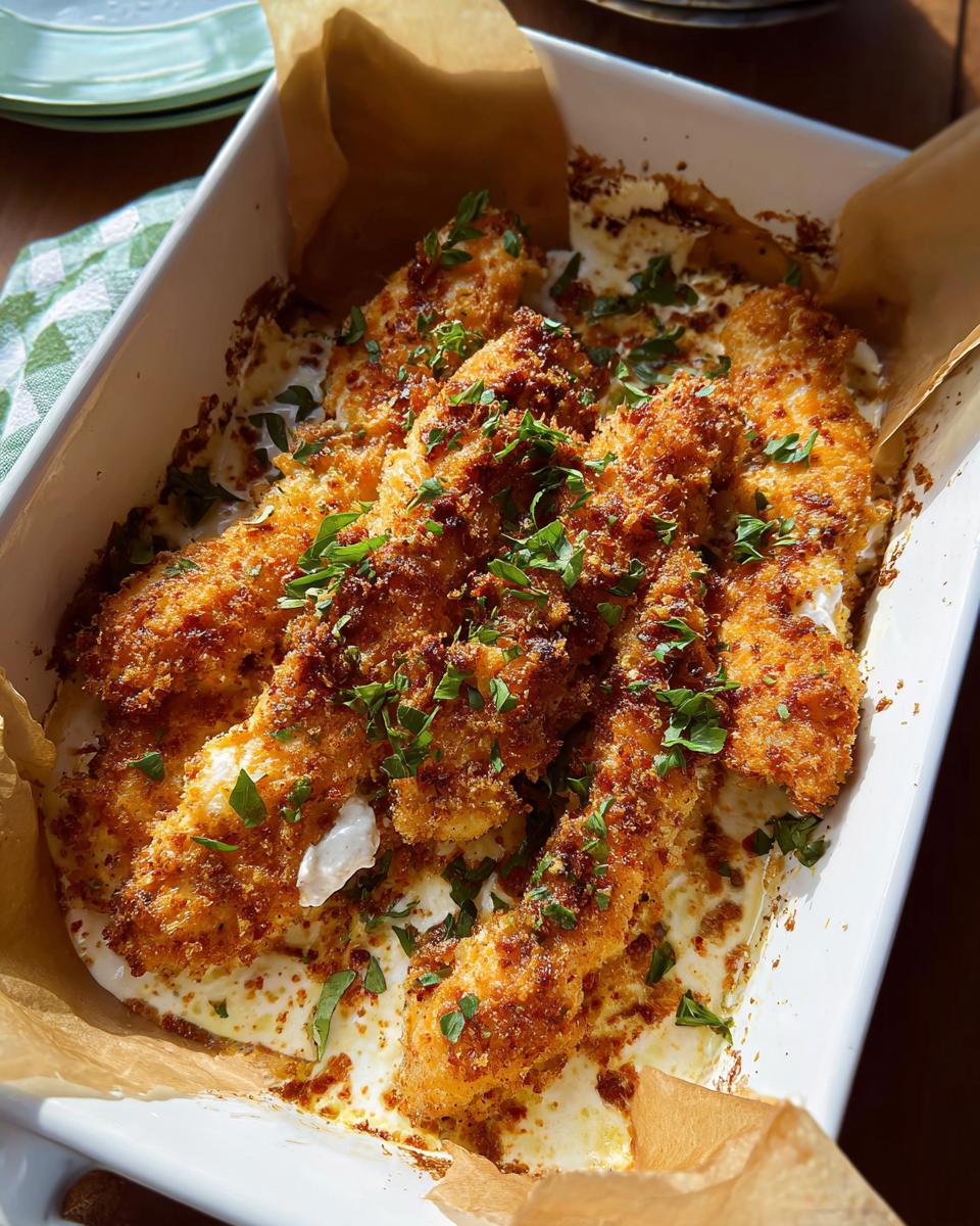 Golden brown, breaded Melt In Your Mouth Chicken pieces baked in a creamy sauce and topped with fresh parsley.