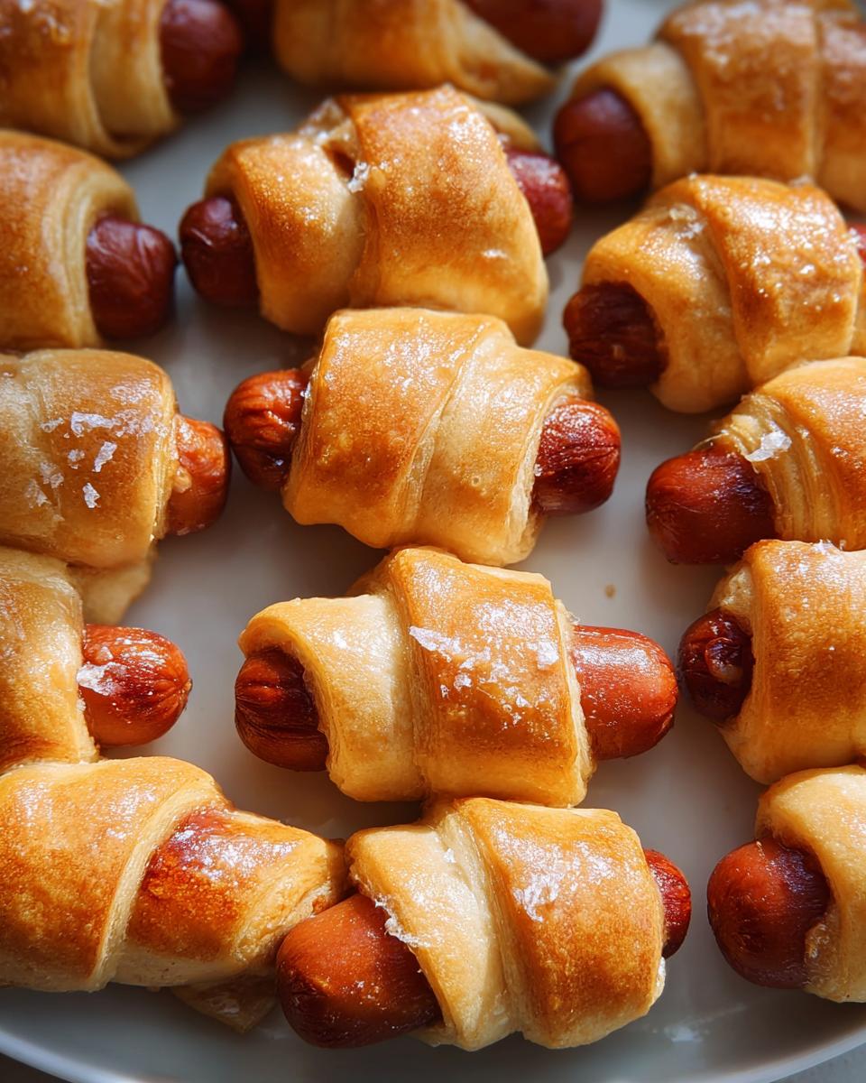 Close-up overhead view of freshly baked Mini Pigs in a Blanket sprinkled with sea salt on a white plate.