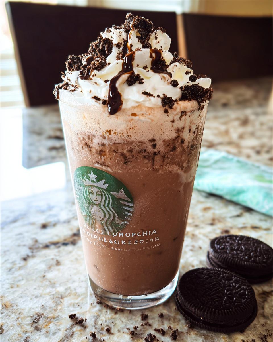 A delicious Mocha Cookie Crumble Frappuccino topped with whipped cream, chocolate drizzle, and cookie crumbles, with two Oreos on the side.