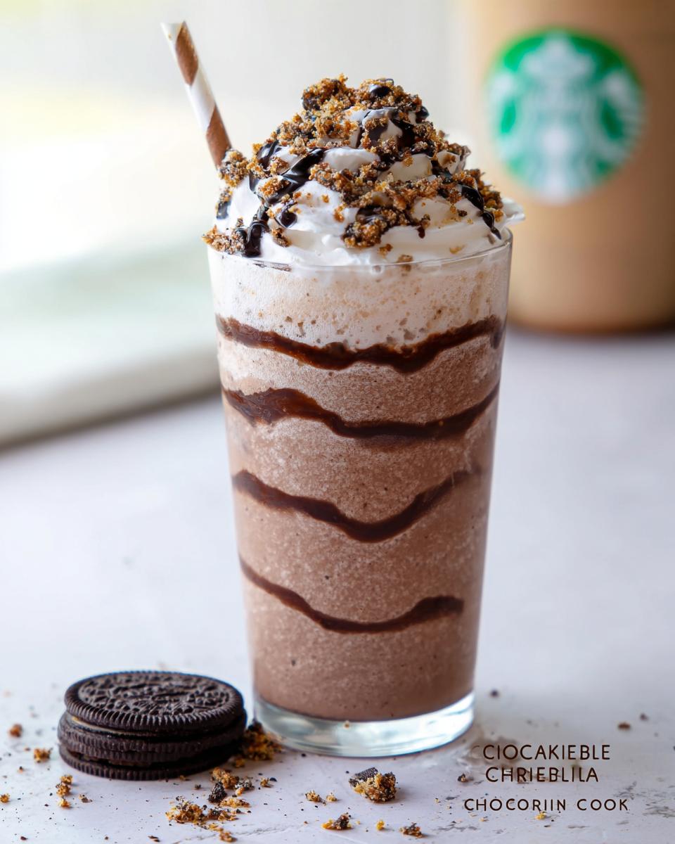 A tall glass of Mocha Cookie Crumble Frappuccino topped with whipped cream, chocolate drizzle, and cookie crumbles. A stack of Oreos is nearby.