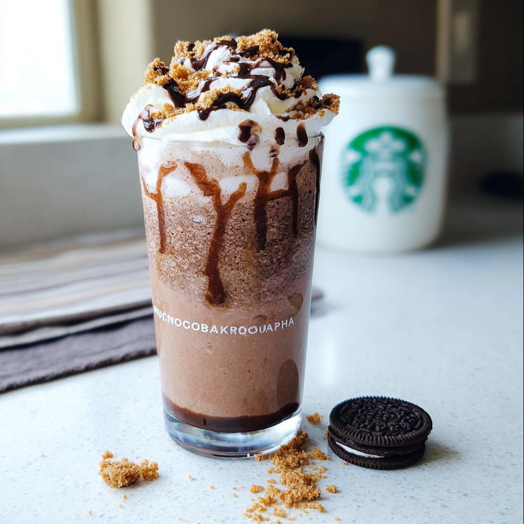 A delicious Mocha Cookie Crumble Frappuccino topped with whipped cream, chocolate drizzle, and cookie crumbles, with an Oreo cookie beside it.