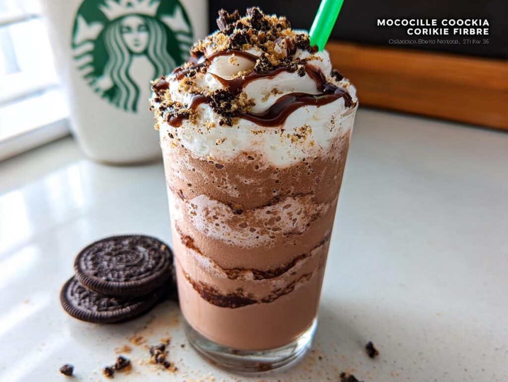 A delicious Mocha Cookie Crumble Frappuccino topped with whipped cream, chocolate drizzle, and cookie crumbles, with Oreos on the side.