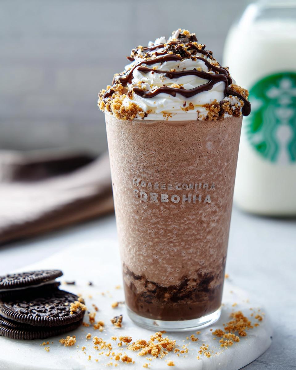 A tall Mocha Cookie Crumble Frappuccino topped with whipped cream, chocolate drizzle, cookie crumbles, and served with Oreos.