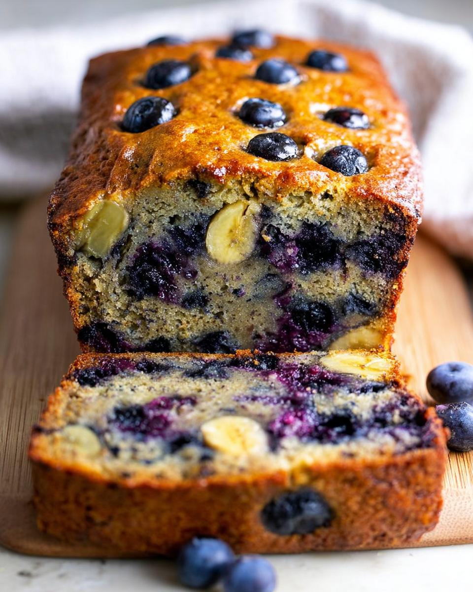 A close-up of a sliced loaf of moist Blueberry Banana Bread, showing blueberries and banana chunks inside.