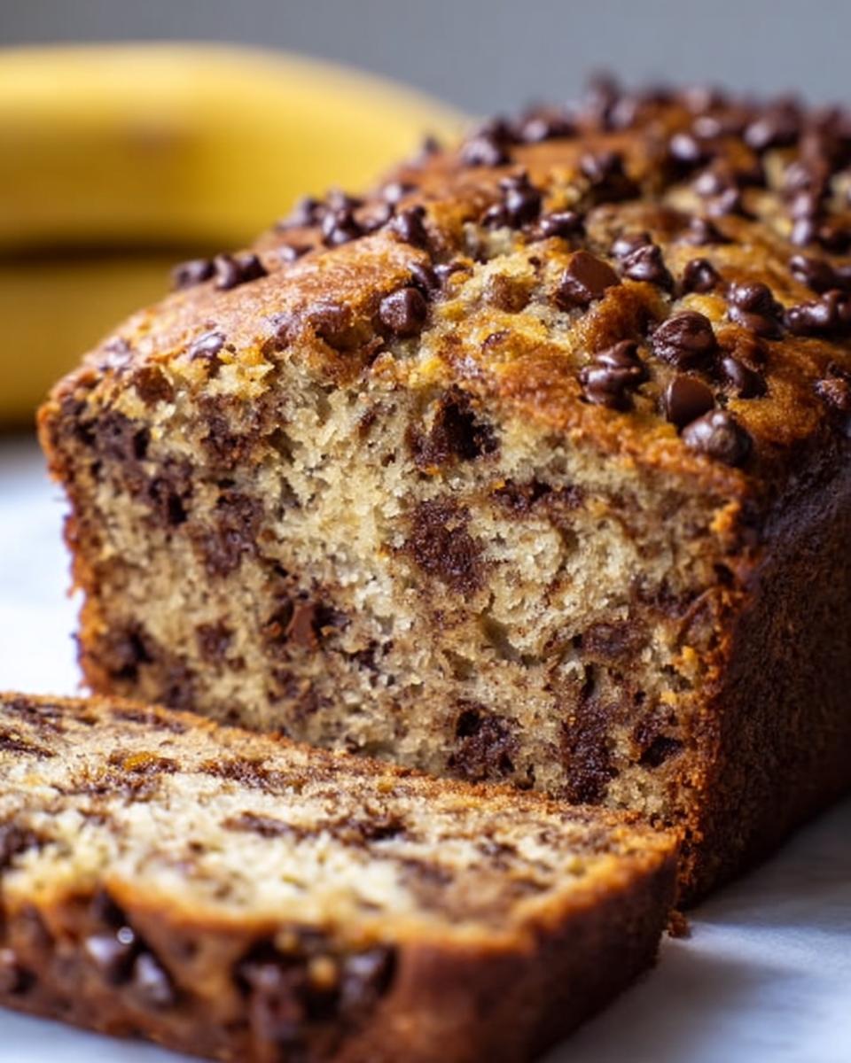 Close-up of a freshly baked Chocolate Chip Banana Bread loaf, with one slice cut and showing rich chocolate chips throughout the moist crumb.