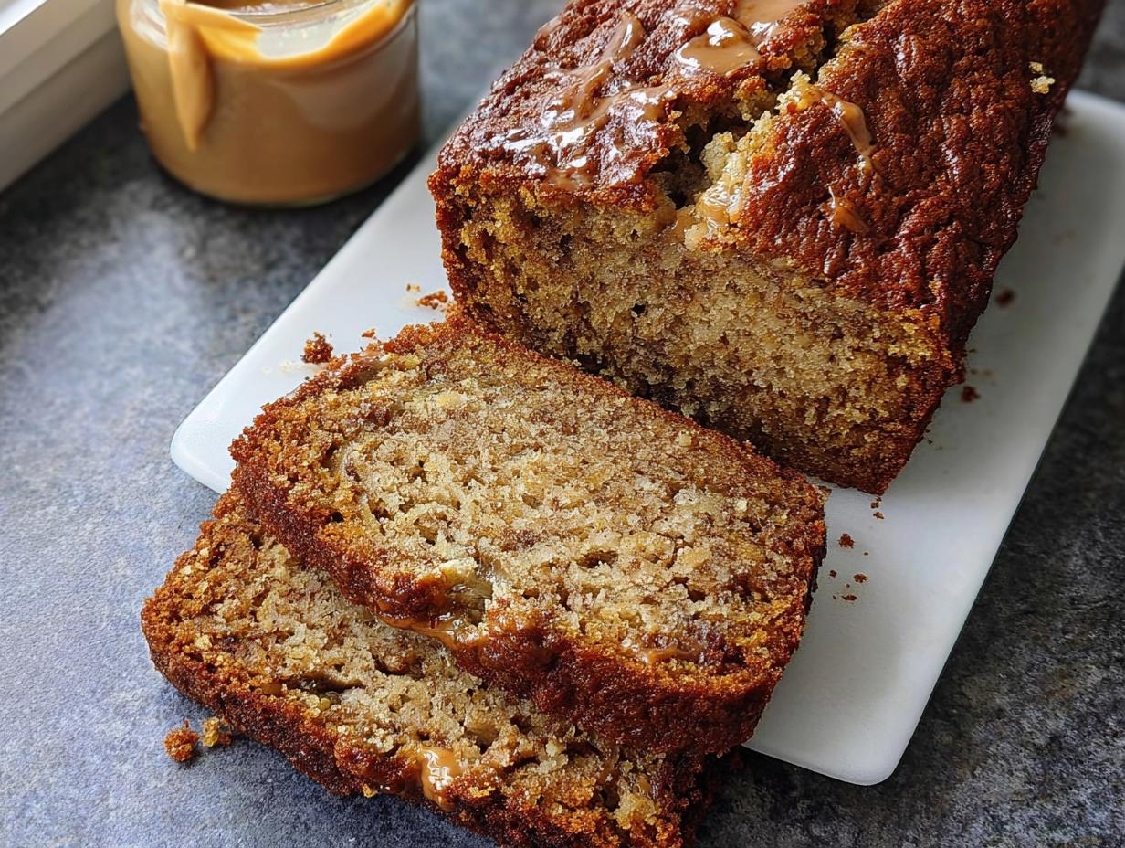 A loaf of rich Peanut Butter Banana Bread, partially sliced, drizzled with caramel sauce.