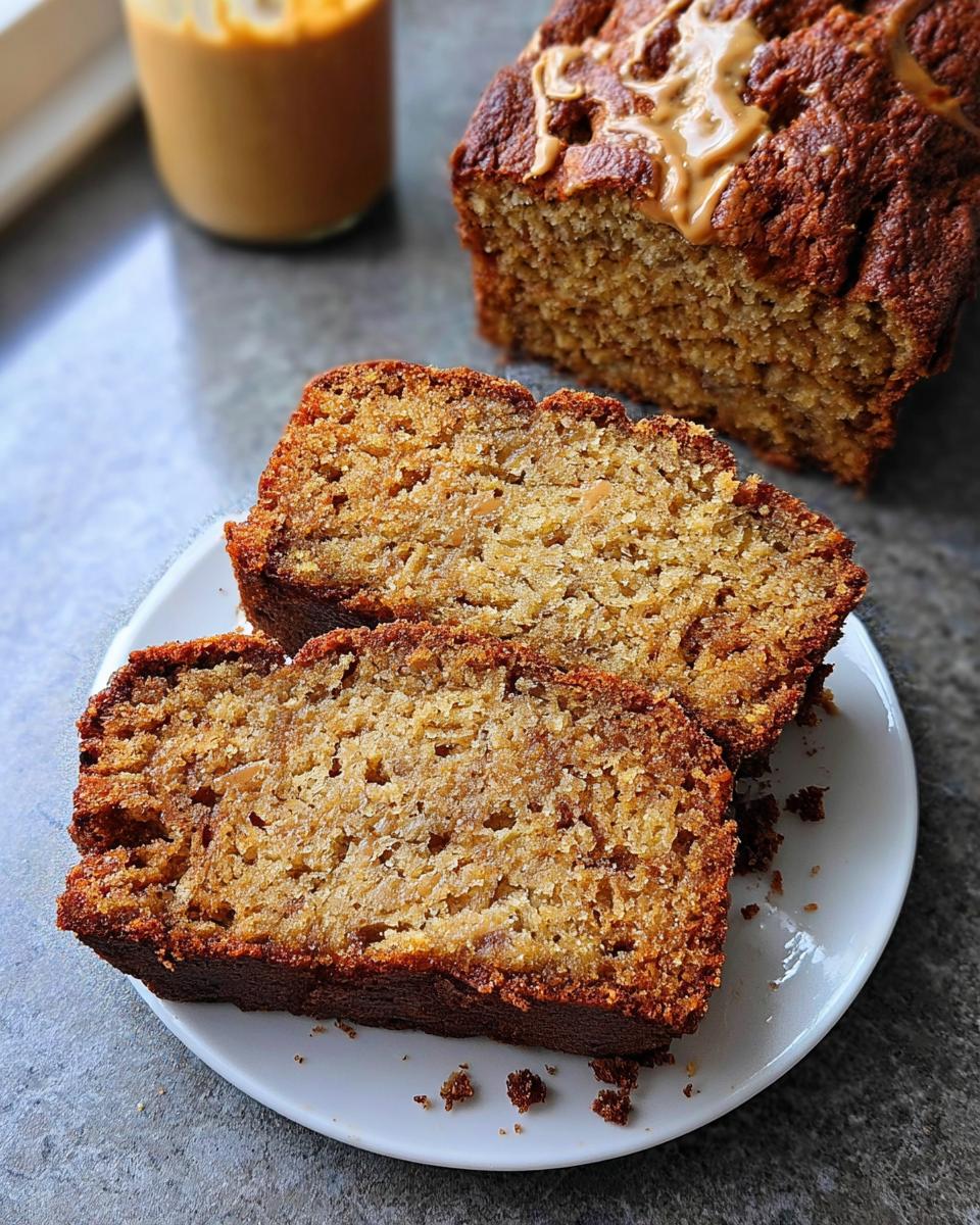 Two thick slices of moist Peanut Butter Banana Bread served on a white plate, with the loaf drizzled in peanut butter in the background.
